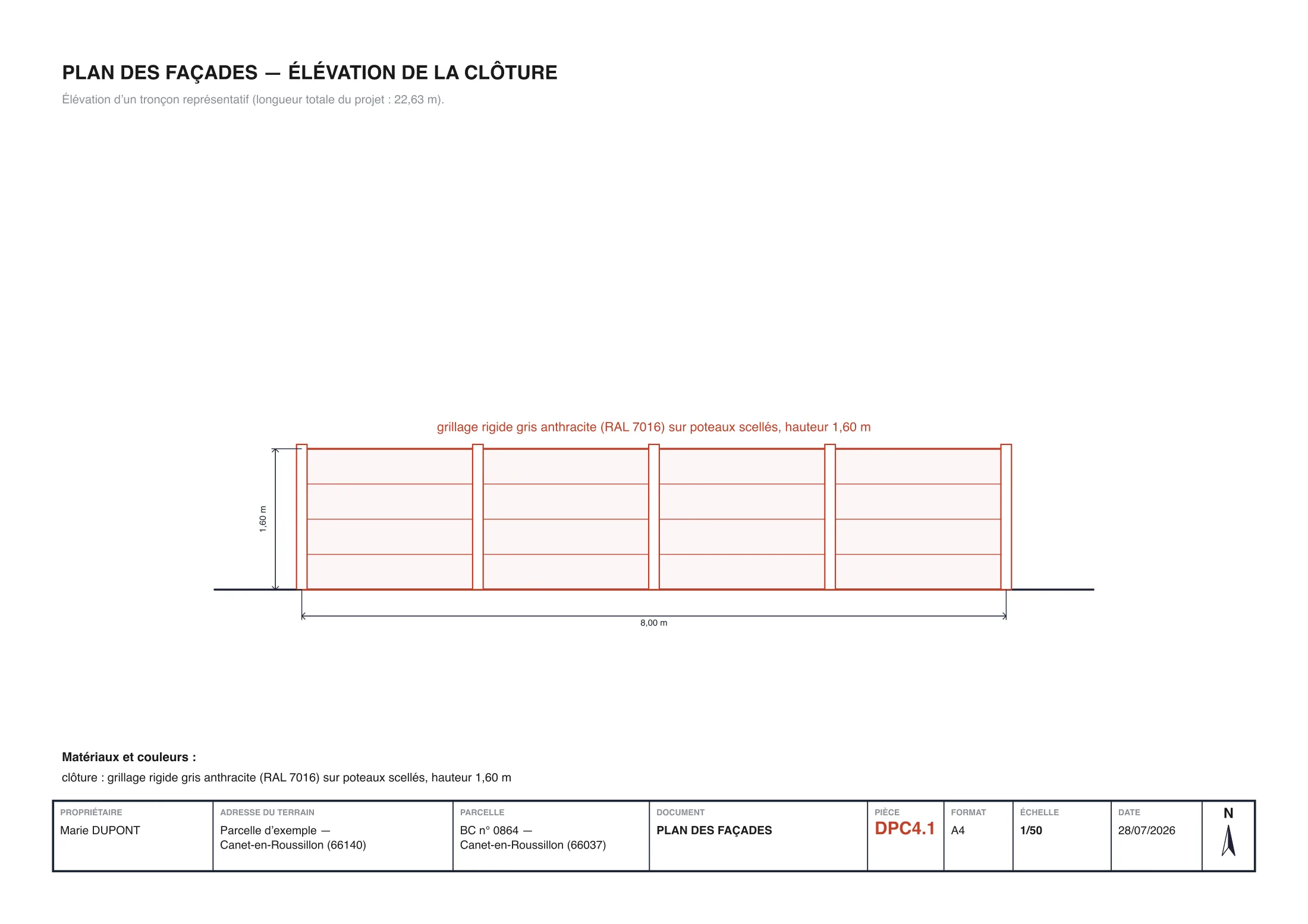 Élévation (DP4) réelle d'une clôture en grillage rigide : tronçon type de 8 m, hauteur cotée 1,60 m, poteaux et matériaux indiqués