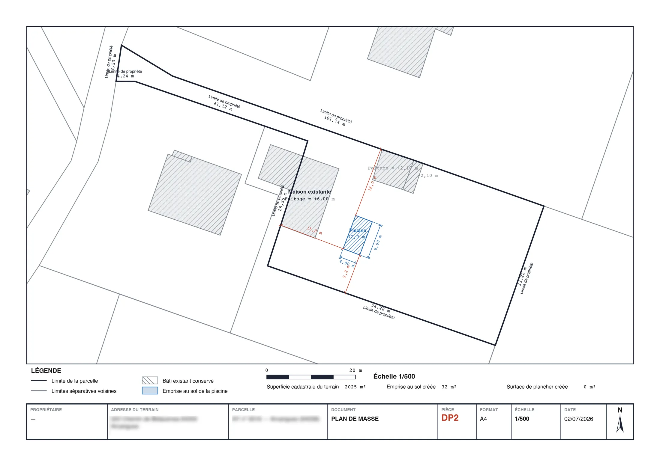 Exemple réel du dossier reçu : plan de masse coté DP2, plan de situation, coupe, façades et notice