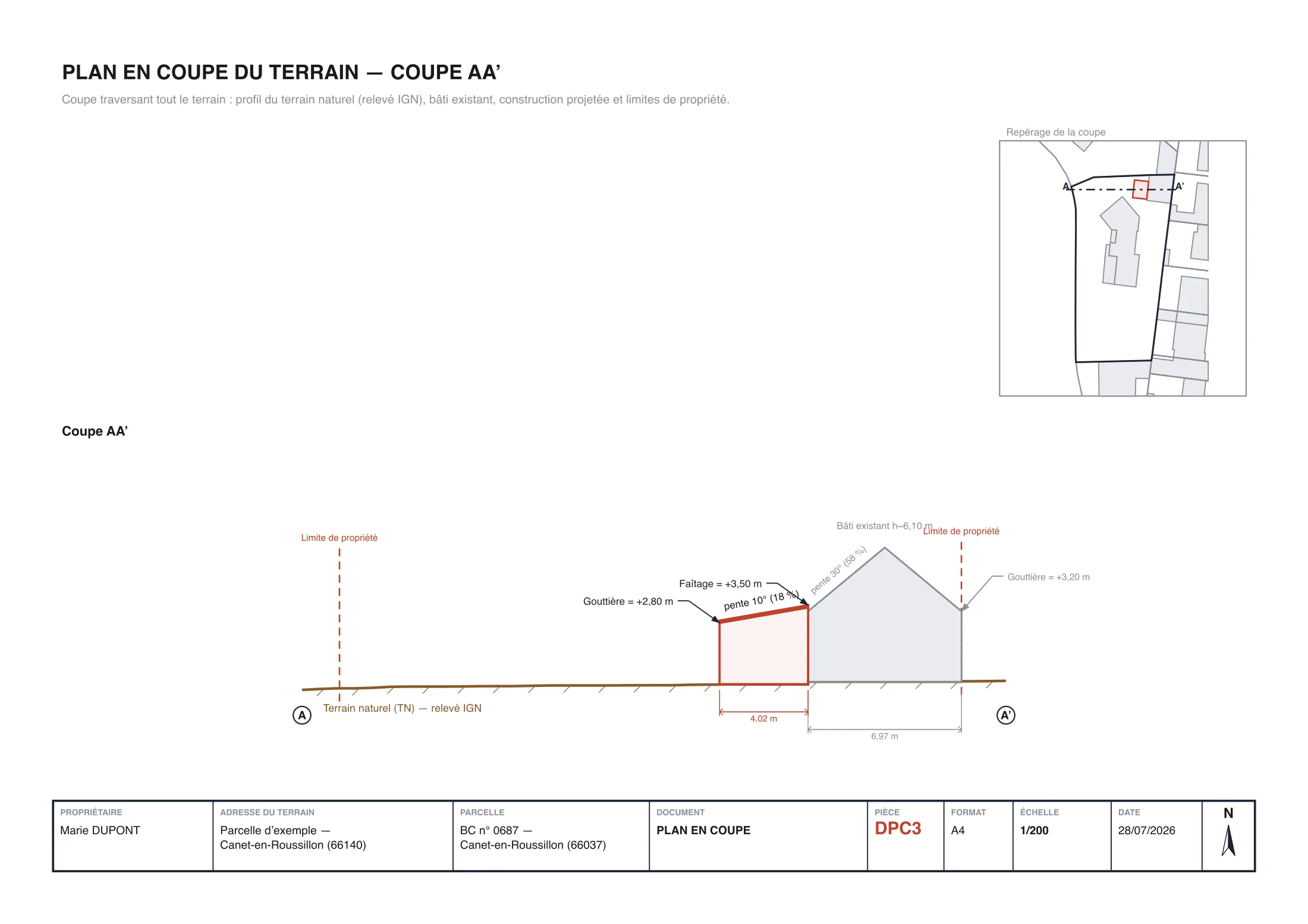 Plan en coupe (DP3) réel d'une extension : volume monopente (gouttière 2,80 m, faîtage 3,50 m) adossé à la maison existante (gouttière 3,20 m, faîtage 6,10 m) sur le profil du terrain relevé par l'IGN