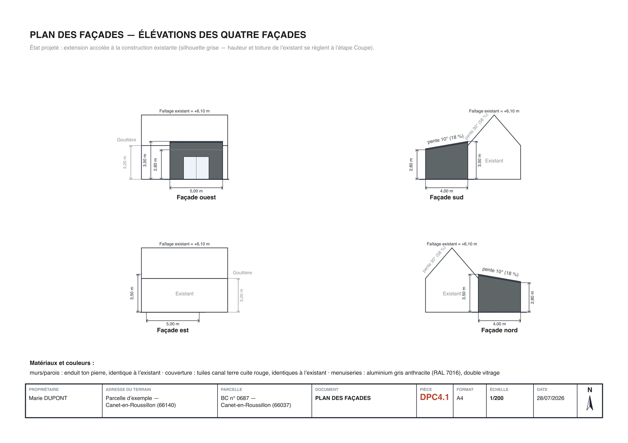 Plan des façades (DP4) réel d'une extension : quatre élévations cotées avec la silhouette de la maison existante, baie vitrée sur la façade côté jardin, pentes, hauteurs, matériaux et teintes