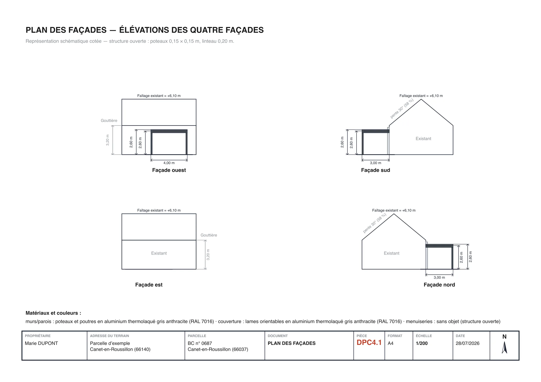 Plan des façades (DP4) réel d'une pergola adossée : les quatre façades, la pergola de 2,60 m de haut contre la maison, cotes et matériaux