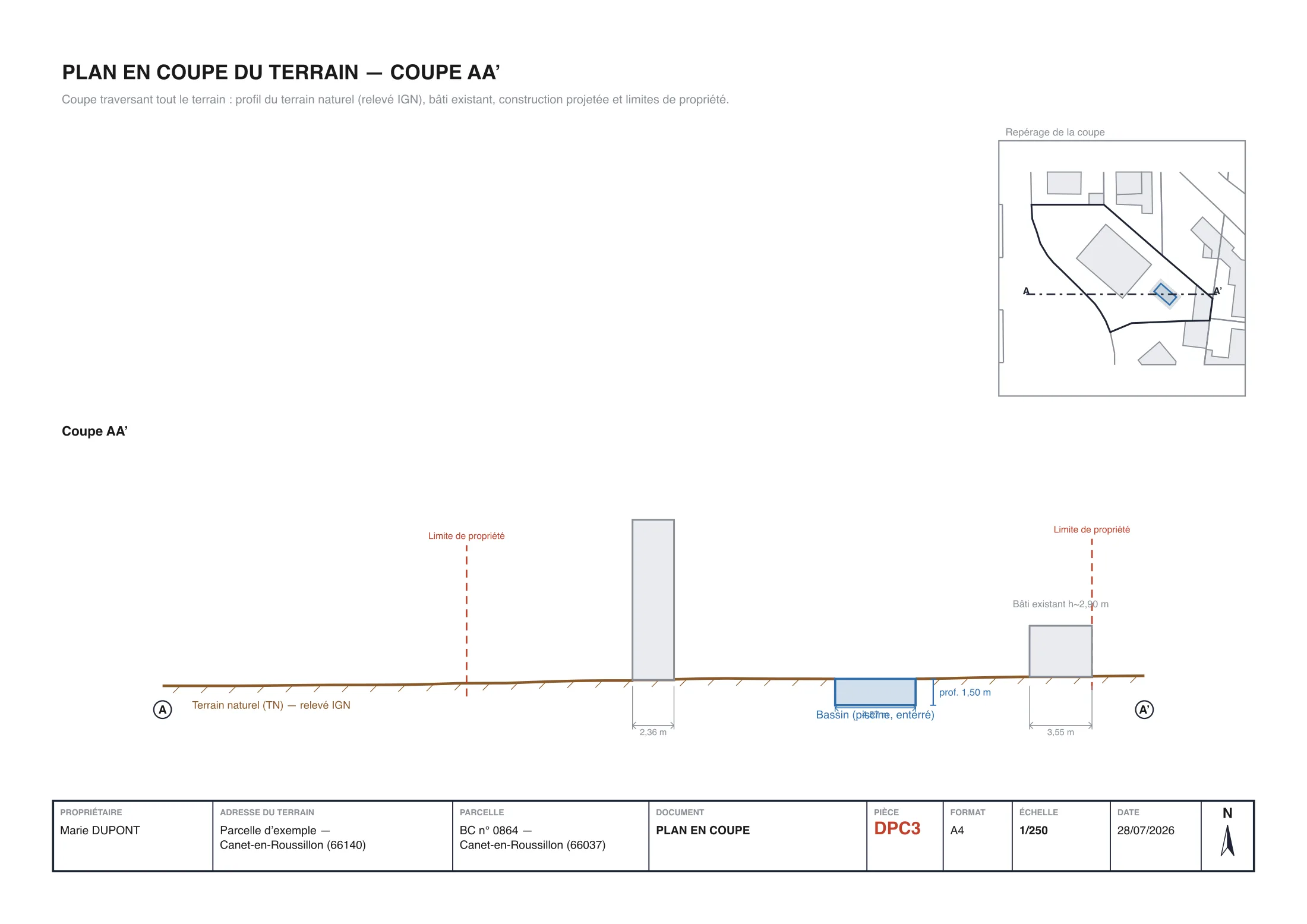 Plan en coupe (DP3) réel d'une piscine enterrée : bassin de 1,50 m de profondeur sous le terrain naturel relevé par l'IGN