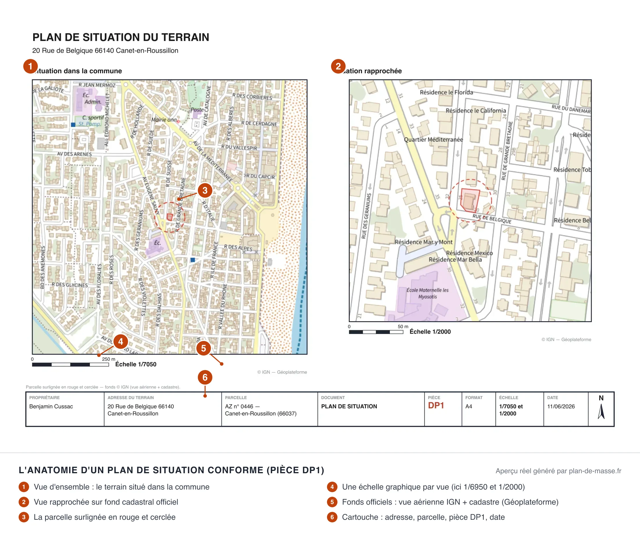 Exemple de plan de situation conforme (DPC1) : fond de carte IGN, parcelle surlignée et repérée, deux échelles, orientation — chaque élément annoté