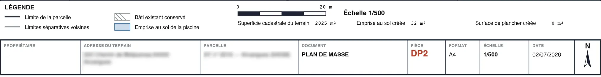 Légende, échelle graphique, surfaces créées et cartouche d'un plan de masse réel : pièce DP2, format A4, échelle 1/500, date et flèche du nord