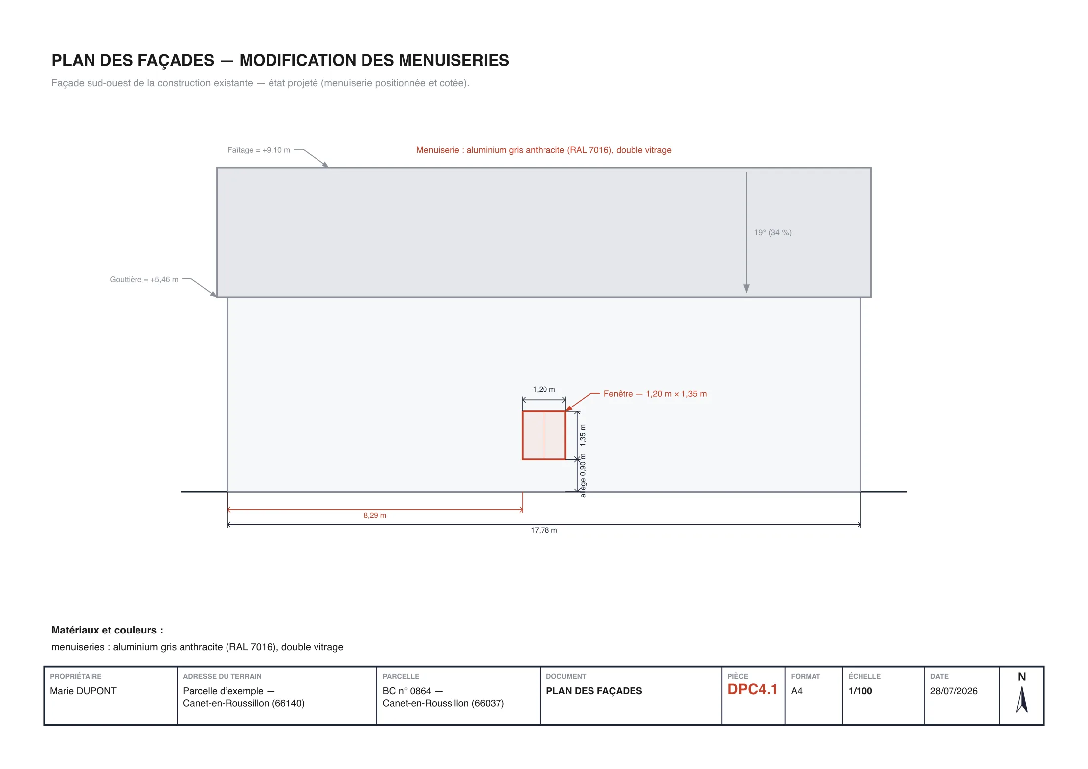 Élévation (DP4) réelle d'un projet de fenêtre : la façade à l'état projeté avec la menuiserie cotée 1,20 × 1,35 m, allège 0,90 m, matériau et teinte RAL indiqués