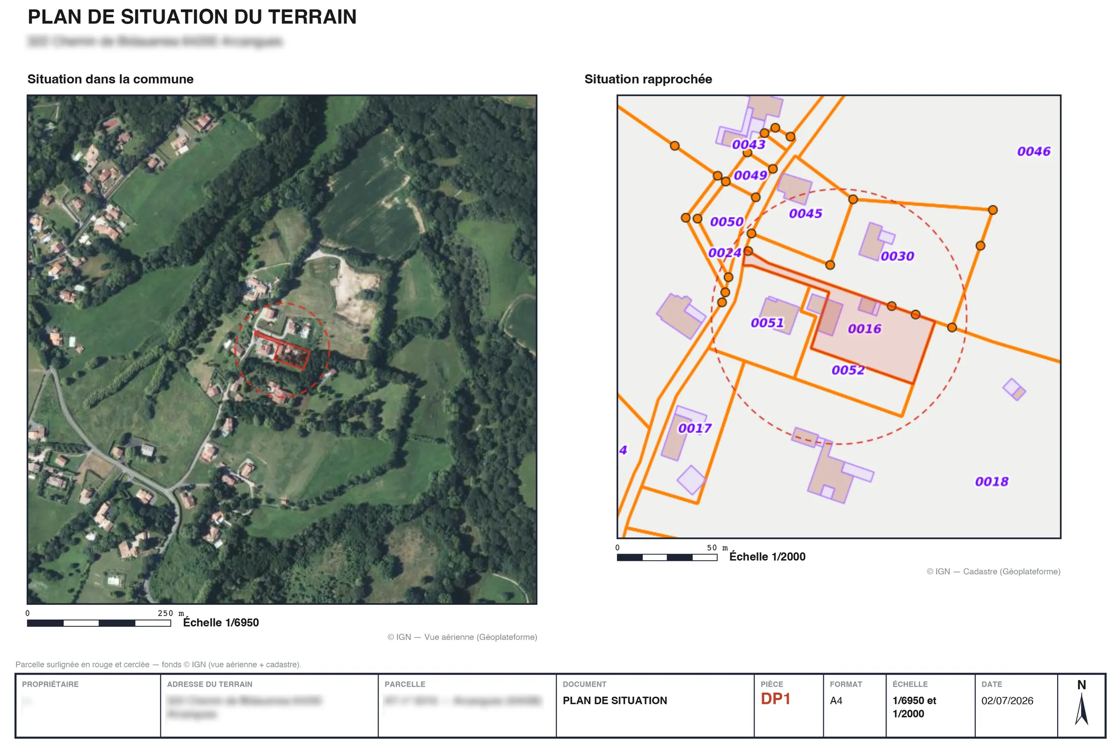 Exemple de plan de situation (DP1) — vue aérienne et vue cadastrale avec parcelle surlignée