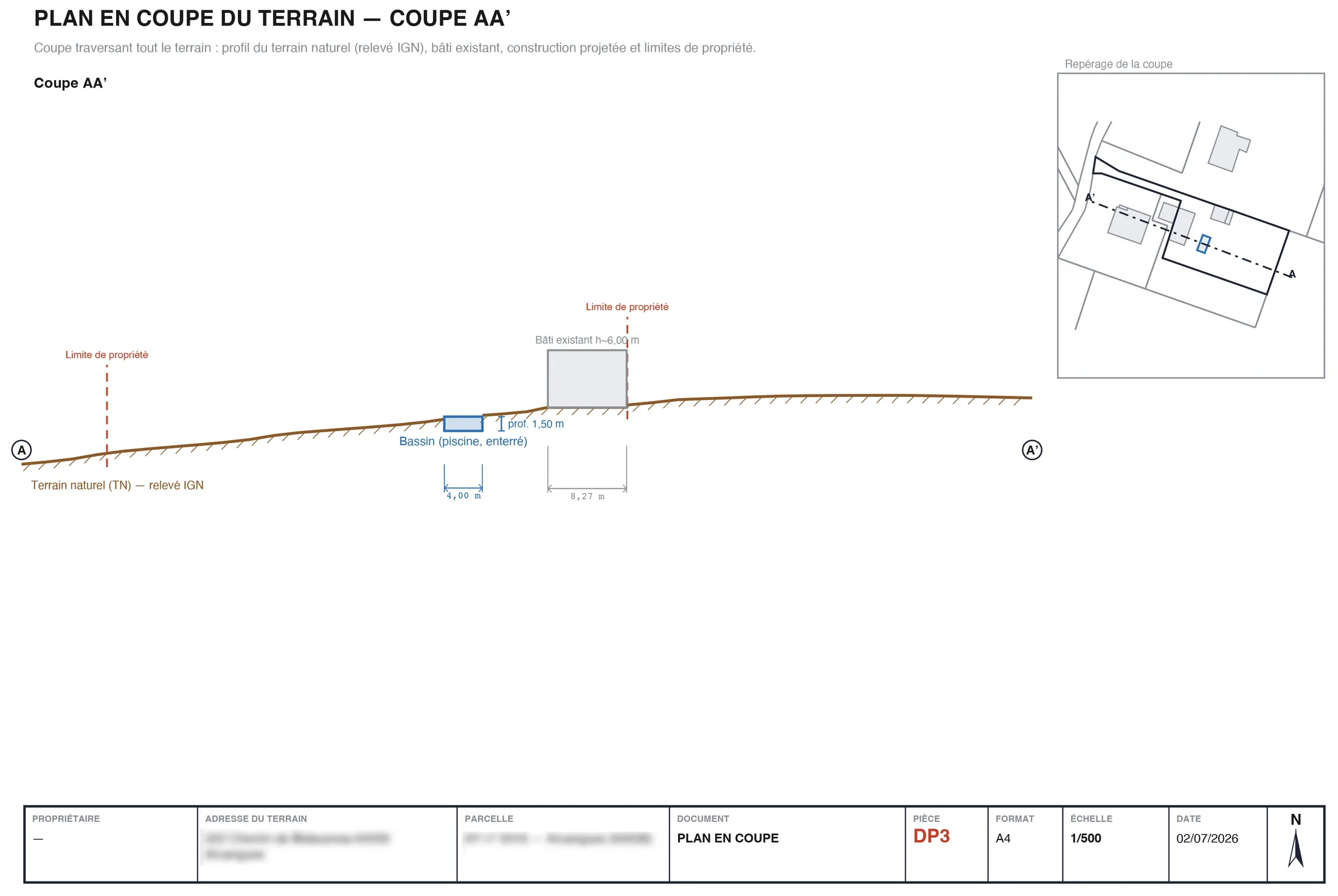 Exemple de plan en coupe (DP3) — profil du terrain naturel relevé IGN, bassin enterré, bâti existant et limites