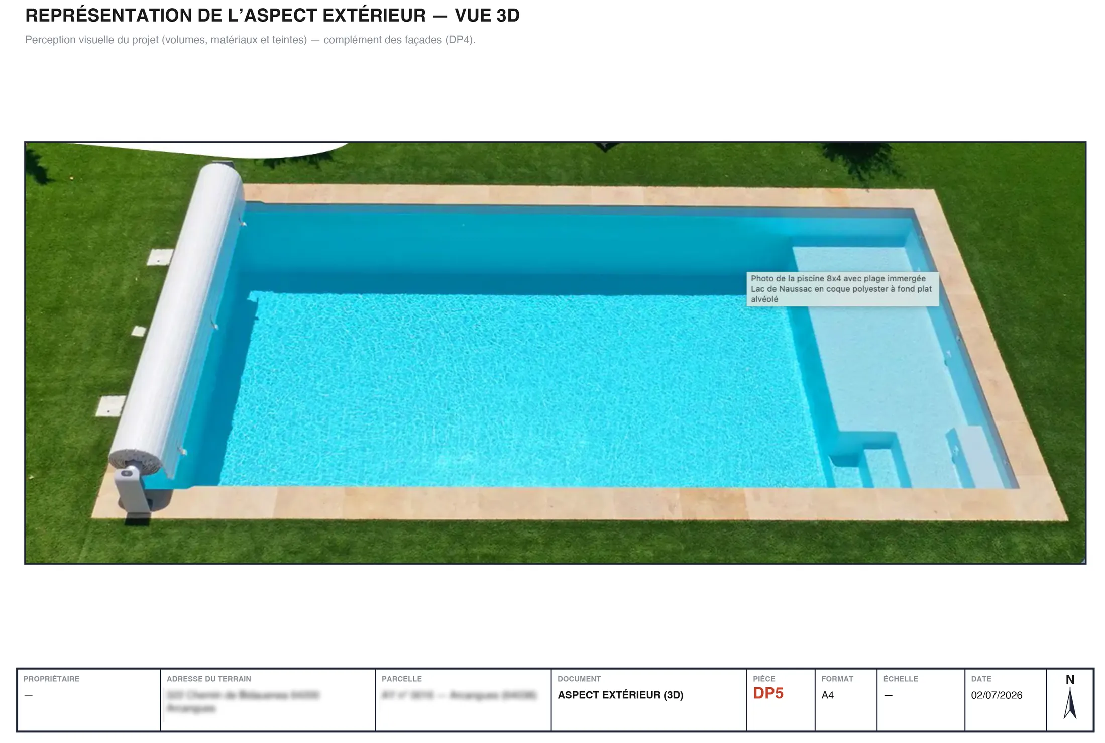 Exemple de représentation de l'aspect extérieur (DP5) — photo du modèle de piscine coque avec plage immergée