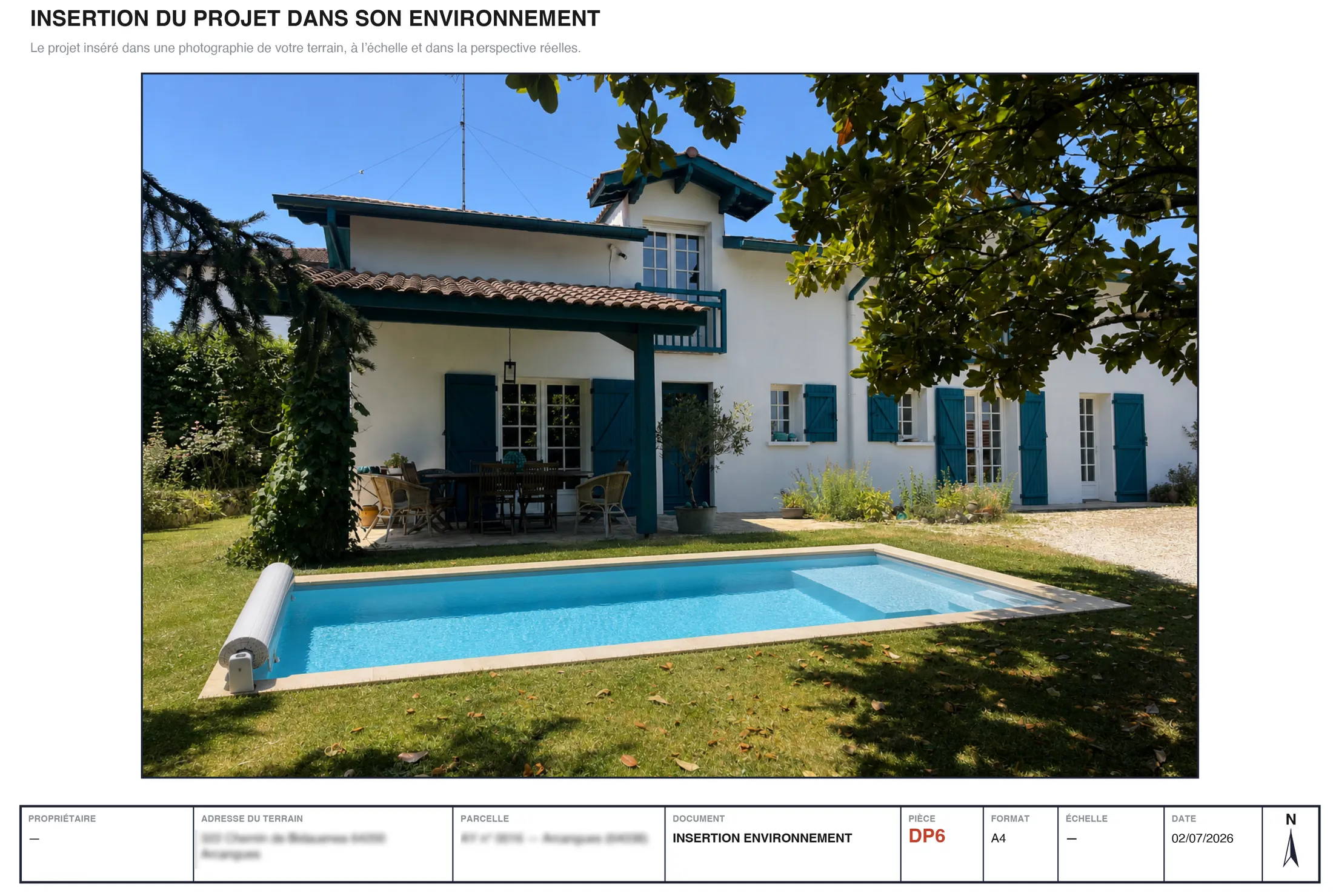 Exemple d'insertion du projet dans son environnement (DP6) — piscine insérée dans la photo du jardin