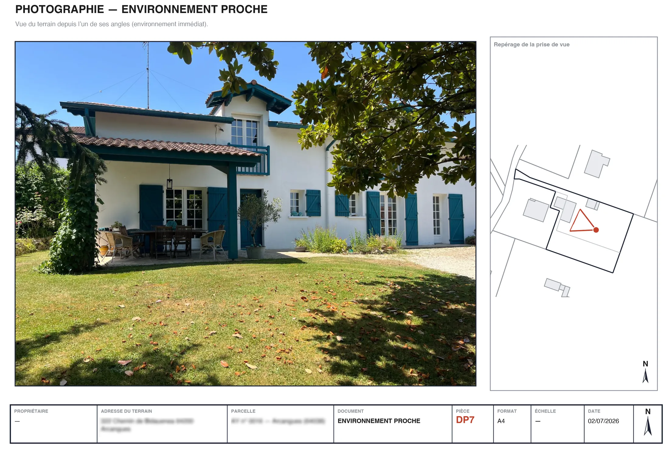 Exemple de photographie de l'environnement proche (DP7) avec plan de repérage de la prise de vue